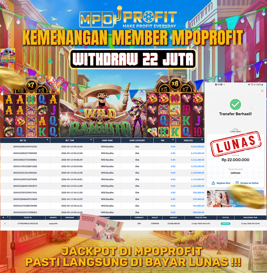 MPOPROFIT JACKPOT SLOT PGSOFT! KEMENANGAN MURNI DI (WILD BANDITO TOTAL RP 22.000.000,- LUNAS)